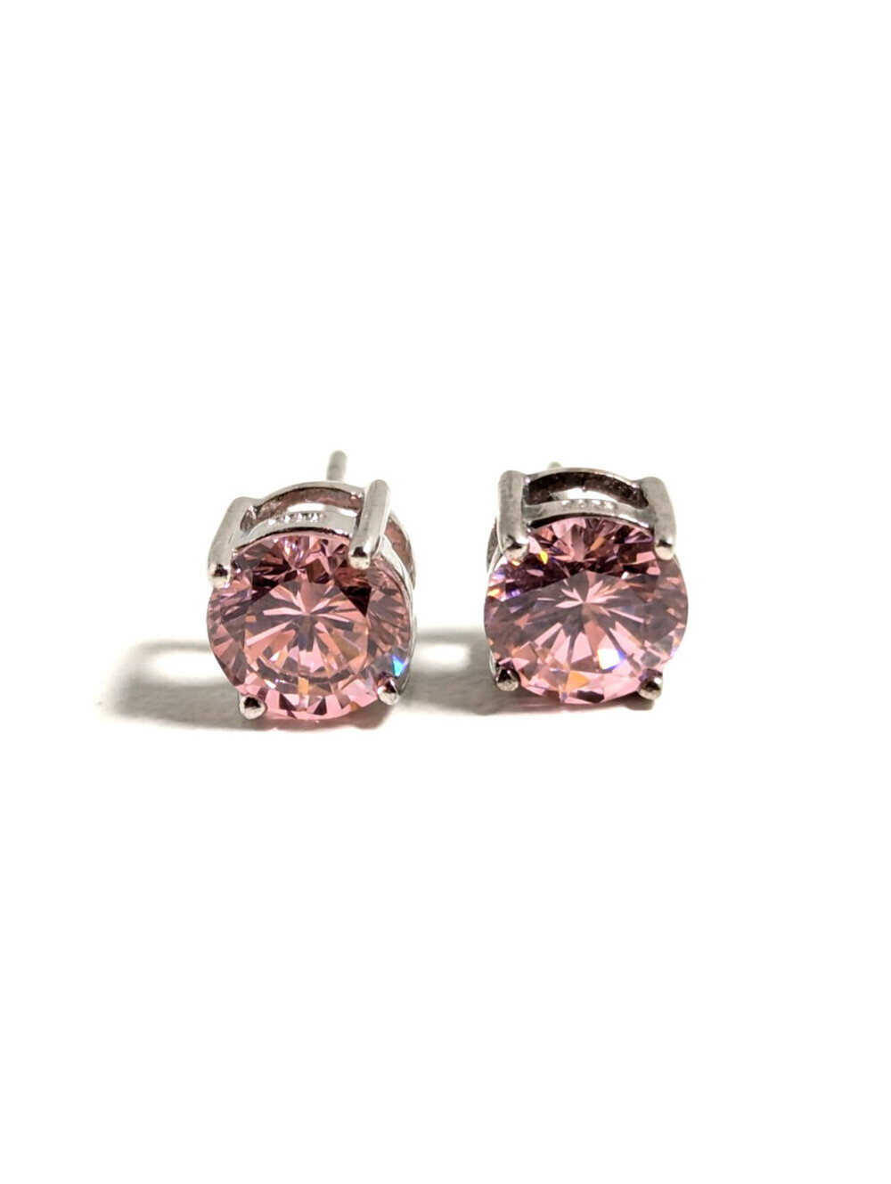 Elegant Sterling Silver 925 Pink Stone 8mm Round Prong Stud Earrings 2.16g